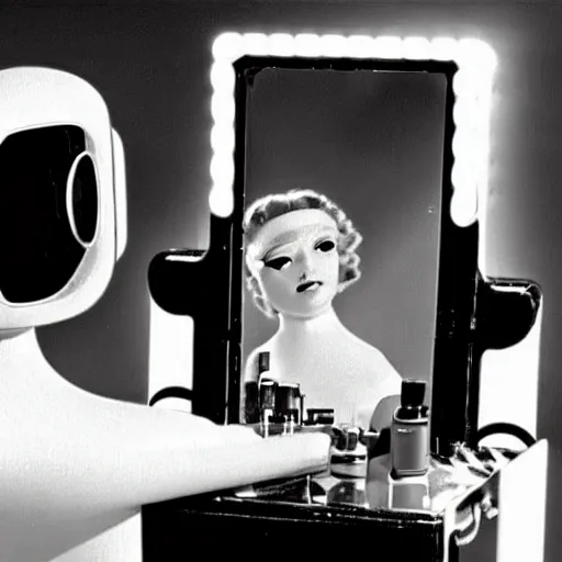 Prompt: maria the robot from the movie metropolis is putting on makeup as she looks at herself in a vanity mirror 8 k