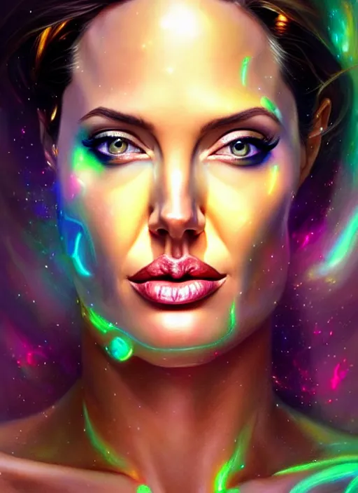 Prompt: a angelina jolie faceless glowing liquefied stardust adventurer, dnd fantasy character, full body portrait, glowing neon skin, magical aura, ultra realistic, intricate, elegant, highly detailed, digital painting, artstation, smooth, sharp, focus, illustration, art by artgerm and greg rutkowski and alphonse mucha