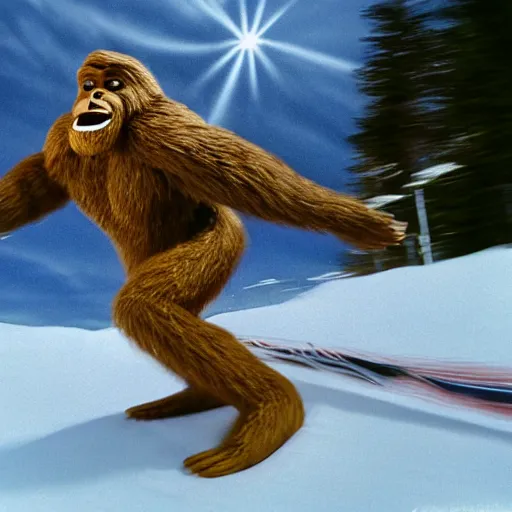 Prompt: Action photograph of Bigfoot skiing in rad 1990s gear, motion blur, Flash photography