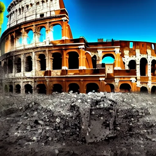 Prompt: the Colosseum as an overflowing trash can in Rome, HD, style of Matisse