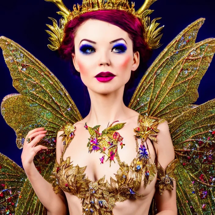 Image similar to full body photo of a very beautiful!! fairy queen with ornate sparkling robes, highly detailed, 4 k, hdr, smooth, sharp focus, high resolution, award - winning photo