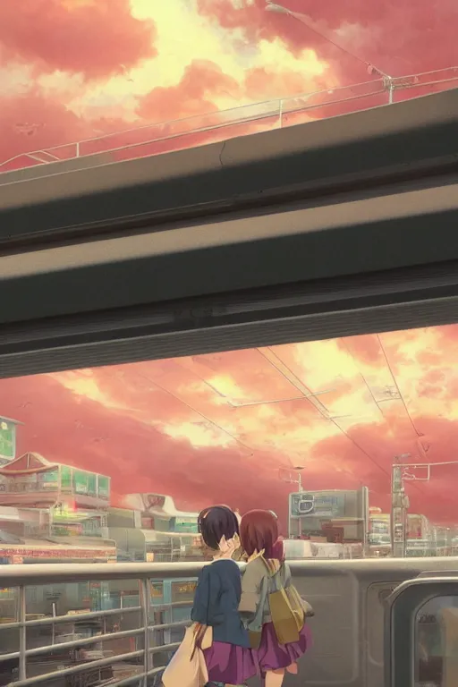 Prompt: 3d ultra realistic anime illustration, two cute face schoolgirls flying on huge japanese elevated subway at rainy dark sunset. cozy cottages all around. there's a plane flying in the sky. deep and complex composition. pastel colors. style of Hiro Kiyohara anime. redshift, octane, trending on artstation, cinematic, oil painting