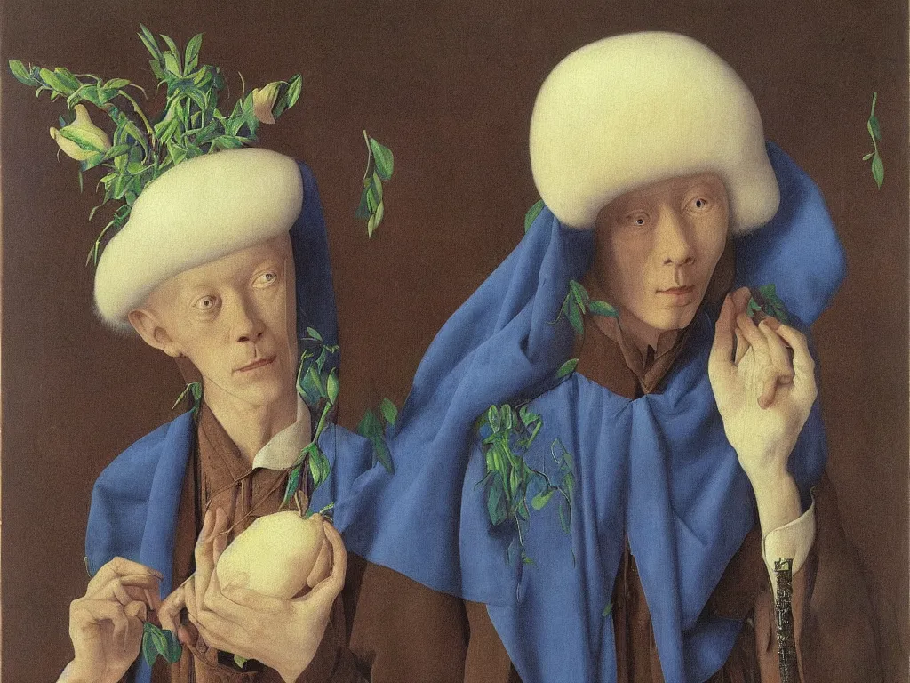 Image similar to Portrait of albino mystic with blue eyes, with beautiful exotic plant seed. Painting by Jan van Eyck, Audubon, Rene Magritte, Agnes Pelton, Max Ernst, Walton Ford