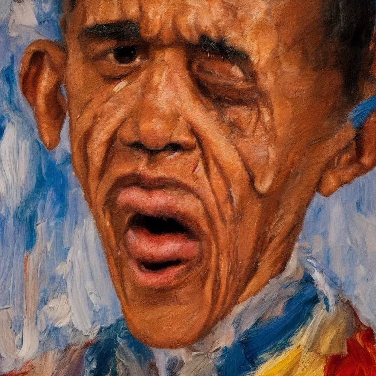 Prompt: warmly lit close up studio portrait of very old Barack Obama age 115 angrily singing, impasto oil painting thick brushstrokes by Cy Twombly and Elaine De Kooning , trending on artstation dramatic lighting Expressionism