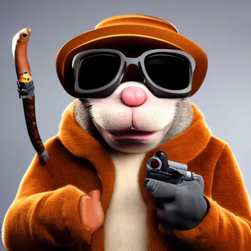 Prompt: anthropomorphic gangster rat smoking a huge cigar, wearing sunglasses and a cap, holding a gun, long fur, holding a gun, anthropomorphic rat, detailed, 3d render, 4k, pixar