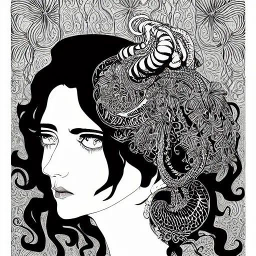 Image similar to filigree detailed illustration portrait of a profile of gypsy girl with long curly hair and big goat horns on her head, aubrey beardsley, tomer hanuka, makoto shinkai