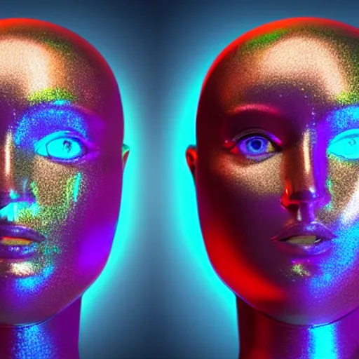 Image similar to 3d render of holographic human robotic head made of glossy iridescent, surrealistic 3d illustration of a human face non-binary, non binary model, 3d model human, cryengine, made of holographic texture, holographic material, holographic rainbow, concept of cyborg and artificial intelligence