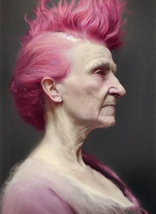 Prompt: a detailed portrait of old woman with a mohawk by edouard bisson, year, 1 9 0 0, pink hair, punk rock, oil painting, muted colours, soft lighting