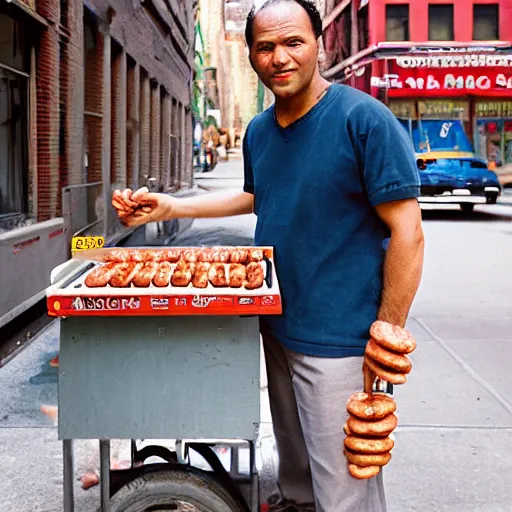 Image similar to closeup portrait of a man selling hotdogs in a smoky new york back street , by Annie Leibovitz and Steve McCurry, natural light, detailed face, CANON Eos C300, ƒ1.8, 35mm, 8K, medium-format print