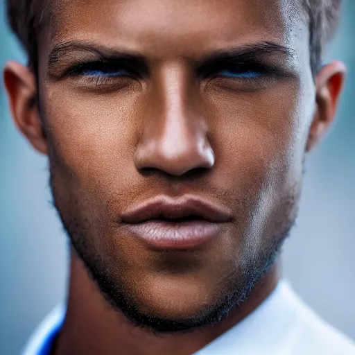 Prompt: man with blue eyes and light brown skin, 1 0 0 mm photography, hyperrealistic