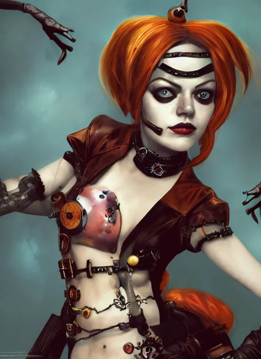 Image similar to steampunk goth autumn portrait of emma stone as harley quinn, hyper detailed, digital art, cinematic lighting, studio quality, smooth render, unreal engine 5, octane rendered, art style by klimt and nixeu and ian sprigger and krenz cushart.