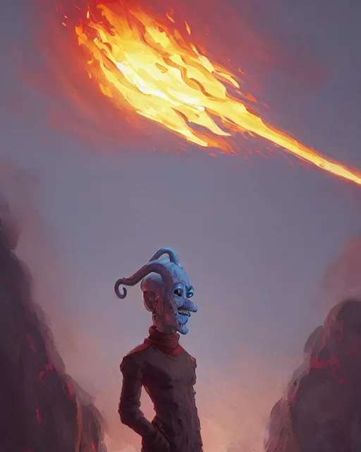 Image similar to tentacled [ squidward ], detailed face, wearing fire nation clothing and practicing firebending outside at susnset, [ greg rutkowski ]