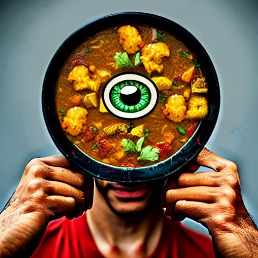 Prompt: photo of a man with three eyes ecstatically eating a bowl of indian frog curry. third eye forehead joy pineal eye minds eye cyclops, hands raised