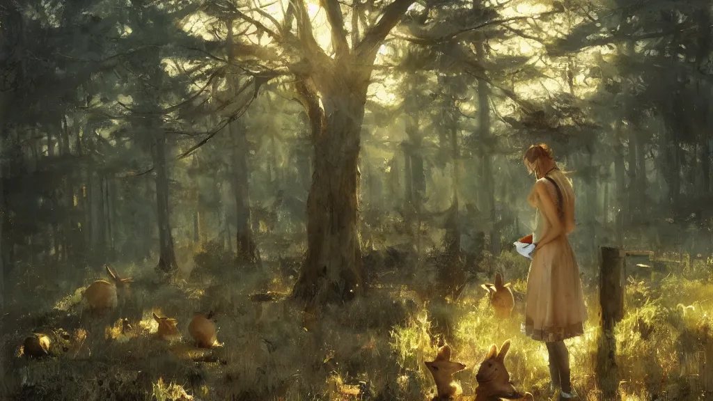 Prompt: cute girl reading on stump in the magical forest, morning light, cute rabbits and deers, by jeremy mann and greg rutkowski, artstation, oil on canvas