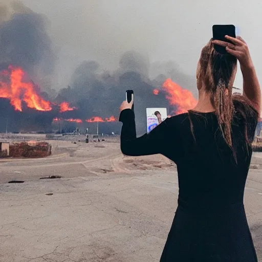 Prompt: girl taking selfie while city burns in background