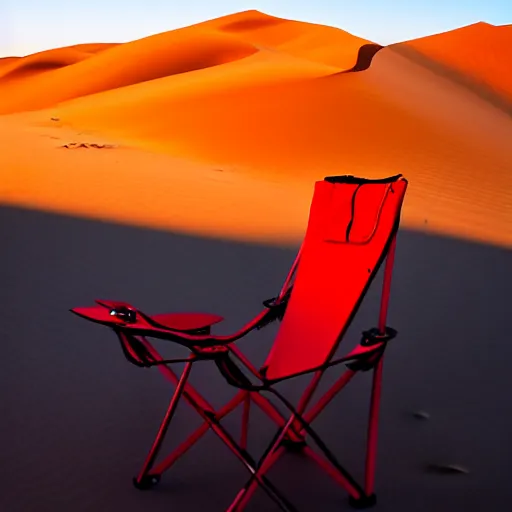 Prompt: a red camping chair in the middle of the sahara desert. the chair is far away from the camera.