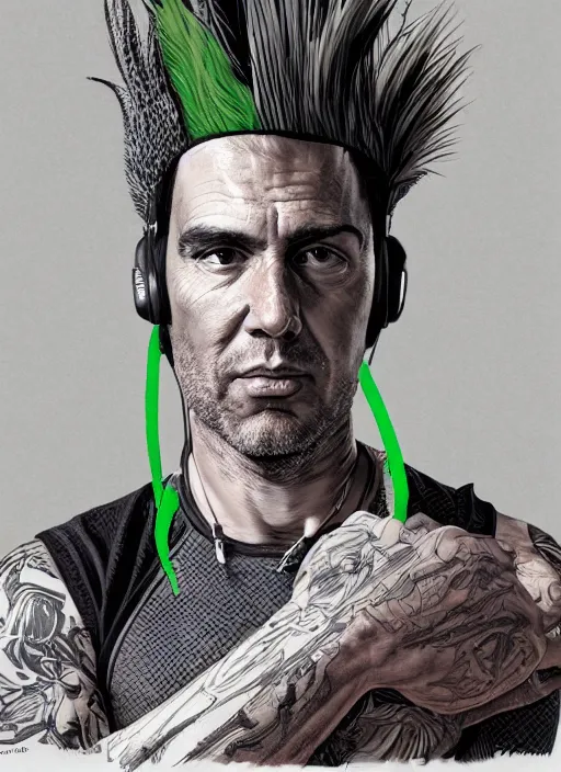 Image similar to portrait of a man with gray and green mohawk wearing a gray headset and brown tank top, gray and green mohawk, gray headset, brown tank top. art by martin ansin, martin ansin artwork. portrait.