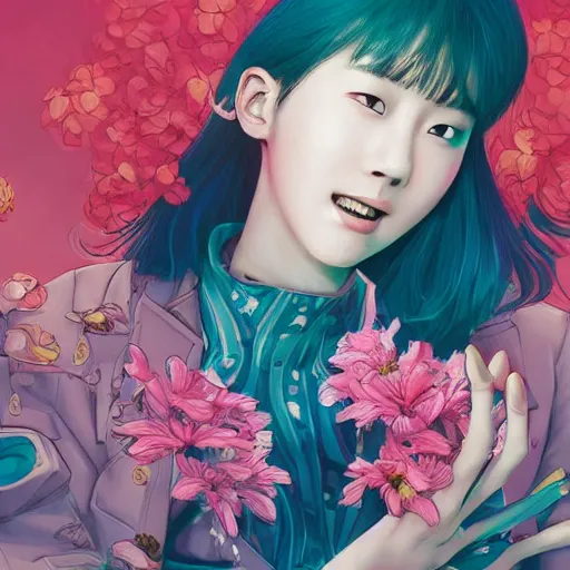 Prompt: portrait of a kpop star, smiling with flowers in hands. sharp focus, cinematic pose, cinematic lighting, unreal engine render. art by josan gonzales and moebius and deathburger.