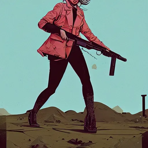 Image similar to a comic noir illustration of a woman hunting zombies in a post - apocalyptic desert, by queens of the stone age, by sachin teng, by tristan eaton, by victo ngai, artgerm, rhads, ross draws, 8 k, hyperrealistic, high contrast, dark vibes, pastel lighting, depth of field