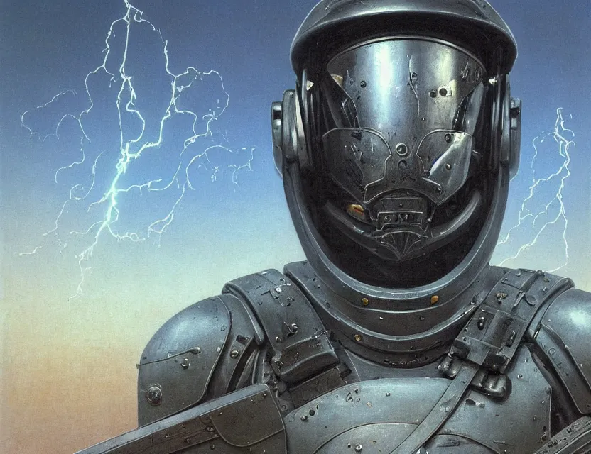 Image similar to a detailed portrait painting of a bounty hunter in combat armour and visor. cinematic sci-fi poster. Flight suit and wires, accurate anatomy. Samurai influence, fencing armour. portrait symmetrical and science fiction theme with lightning, aurora lighting. clouds and stars. Futurism by beksinski carl spitzweg moebius and tuomas korpi. baroque elements. baroque element. intricate artwork by caravaggio. Oil painting. Trending on artstation. 8k