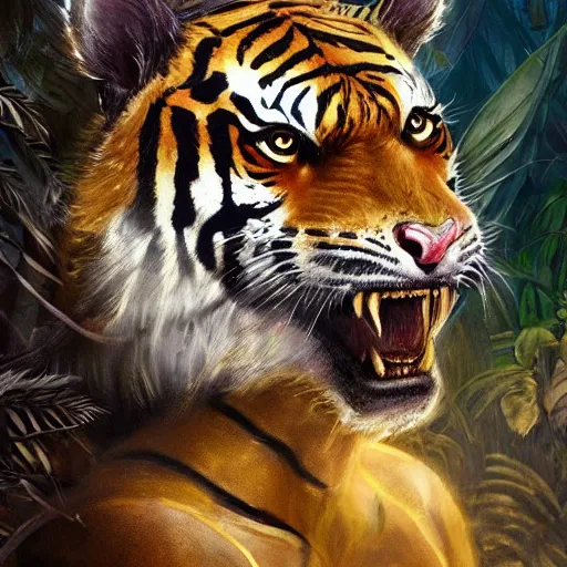 Prompt: a very high detailed tiger face on a strong human body, wearing a very detailed golden kings crown, tattoo on shoulder, standing in a highly detailed jungle, digital art, concept art, greg rutkowski, Nikolai Karelin, Hou China, trending artstation