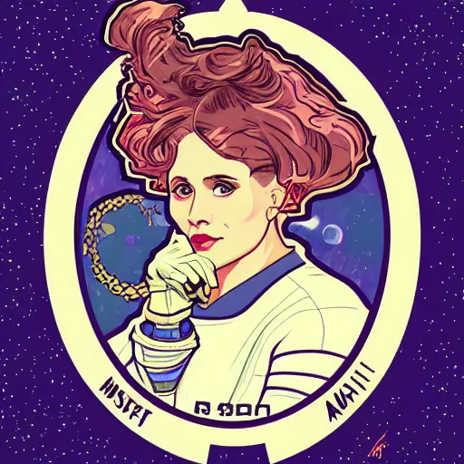 Image similar to astronaut female skull portrait in the style of and Alphonse Mucha and Disney illustration pop art