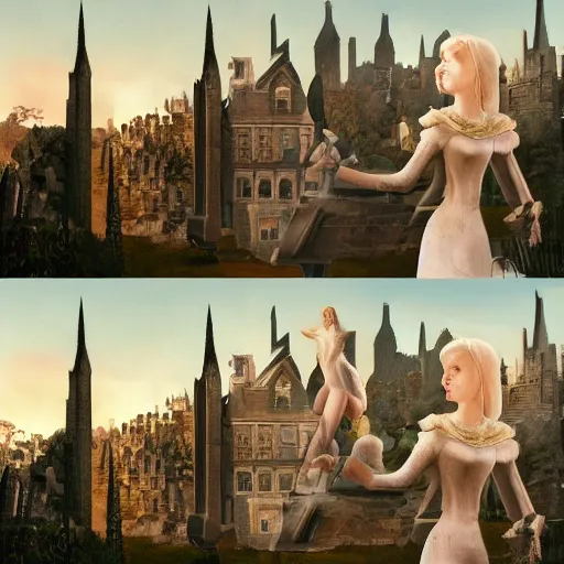 Image similar to Elle Fanning, head and shoulders masterpiece, in Anor Londo, golden hour, in a garden, artstation, in the style of Art Deco and Edward Hopper and Bosch, extremely detailed