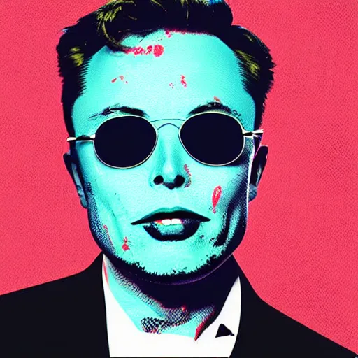 Prompt: the portrait of flabbergasted elon musk wearing ray bans, open - mouthed, astonished, surprised, thrilled, in desbelief. colorful pop art, modern art, by andy warhol