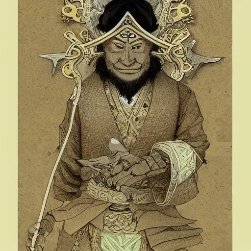 Image similar to yurunu, he rules over wisdom and knowledge. his symbol is a scroll. highly detailed and intricate 8 k concept fantasy art illustration