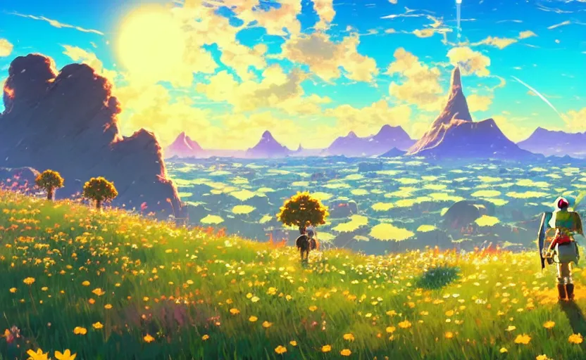 Image similar to fantastic anime sunny meadow with flowers, lone old Oak in the middle plane and mountains on the background, by Hayao Miyazaki, Nausicaa, Ghibli, Breath of the wild, Anime wallpaper