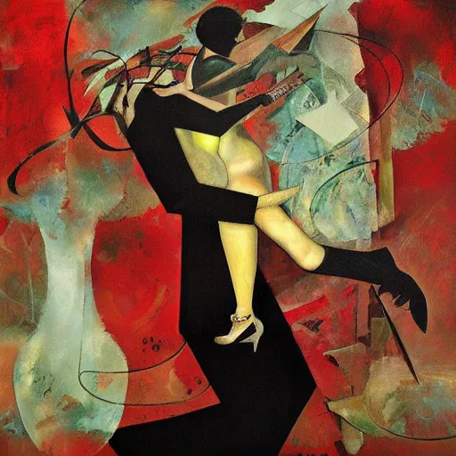 Prompt: tango, collage and oil on canvas by dave mckean