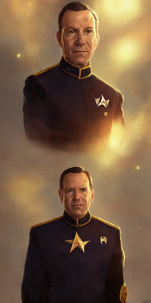 Image similar to portrait of Senator Mark McGowan wearing his starfleet captains uniform, realistic character concept, high fantasy, light atmosphere, golden ratio, cinematic lighting, hyperdetailed, high resolution, insanely detailed and intricate, artstation, Marc Simonetti, Greg Rutkowski