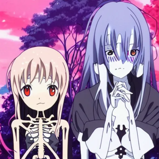 Image similar to anime key visual for a female necromancer and her skeleton friend, from a slice of life anime. tv anime series, kyoto animation, by phil noto ( 2 0 2 2 )