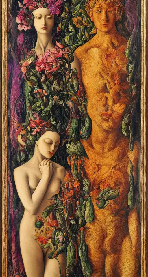 Prompt: floral portrait of man and woman by wojciech siudmak and ernst fuchs oil on canvas
