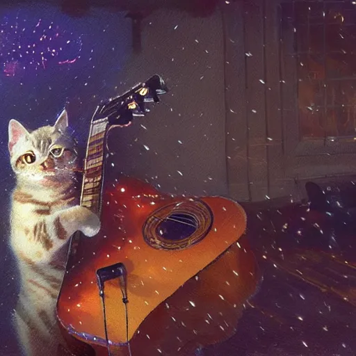 Prompt: a cat playing guitar in a show with many lights by greg rutkowski and thomas kinkade, trending on artstation, 3 d art station