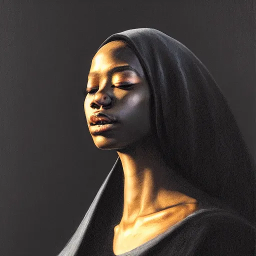 Image similar to a portrait of a young black woman wearing a long dark cloak, hood and shadows covering face, oil painting, matte painting, black background, Volumetric Golden dappled dynamic lighting, Highly Detailed, Cinematic Lighting, Unreal Engine, 8k, HD, by Beksinski