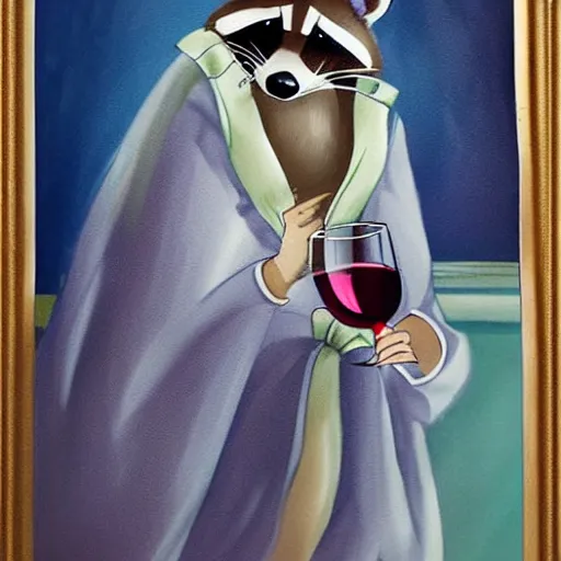 Image similar to a photorealistic racoon wearing an elegant night gown holding a cup of wine