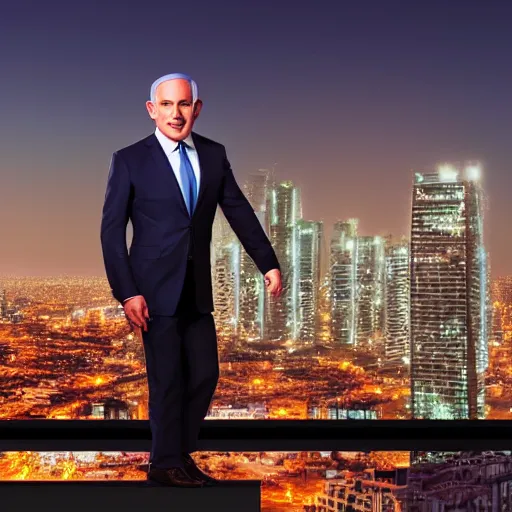 Image similar to portrait of Benjamin Netanyahu, Tel-Aviv skyline background, rich vivid colors, ambient lighting, dynamic lighting, 4k, HQ, official media, detailed, trending on artstation