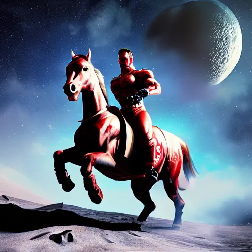Prompt: A hyper real comic book style portait painting of the Terminator riding a horse on the moon, unreal 5, hyperrealistic, octane render, cosplay, RPG portrait, dynamic lighting