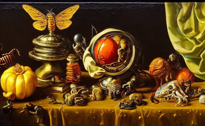 Image similar to disturbing colorful oil painting dutch golden age vanitas still life with bizarre objects strange gooey surfaces shiny metal bizarre insects rachel ruysch dali todd schorr very detailed perfect composition rule of thirds masterpiece canon 5 0 mm, cinematic lighting, photography, retro, film, kodachrome