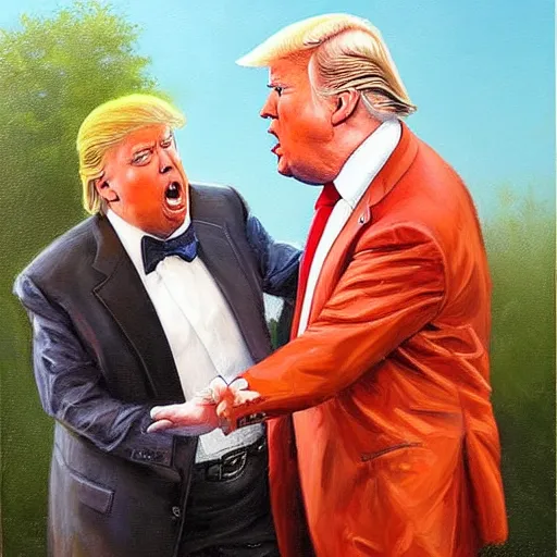 Prompt: portrait of donald trump and alex jones arguing, an oil painting by ross tran and thomas kincade