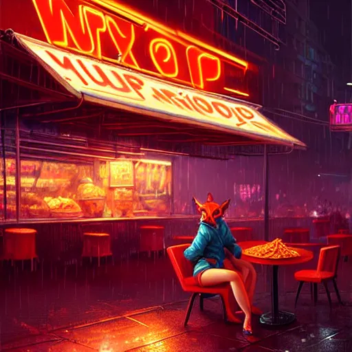 Image similar to splash art of anthropomorphic female vulpes vulpes fulva woman sitting at a noodle stand eating noodles in the crowded street of a cyberpunk city, rain, harsh neon lighting, realistic, ultra detailed, by greg rutkowski, wlop, sakimichan, artgerm