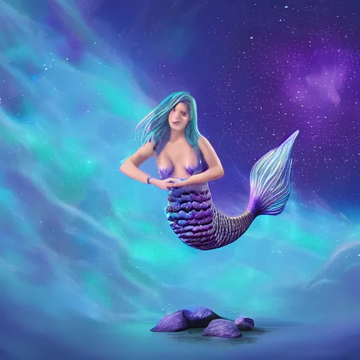 Prompt: sci fi mermaid with purple and blue scales, glittering, multiple fins, sitting on an asteroid with an ocean in a sea of stars, modest bikini, high detail, interstellar, 4k, high resolution, illustration, unreal engine, soft lighting, cinematic feeling