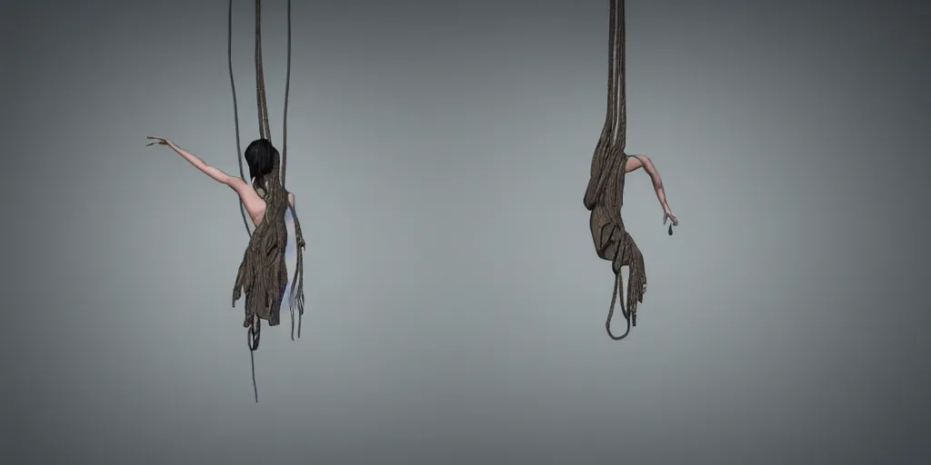 Image similar to a highly detailed photographic render of a woman hanging from a noose, horror, beautifully lit, ray traced, octane 3D render, octane render, unreal engine