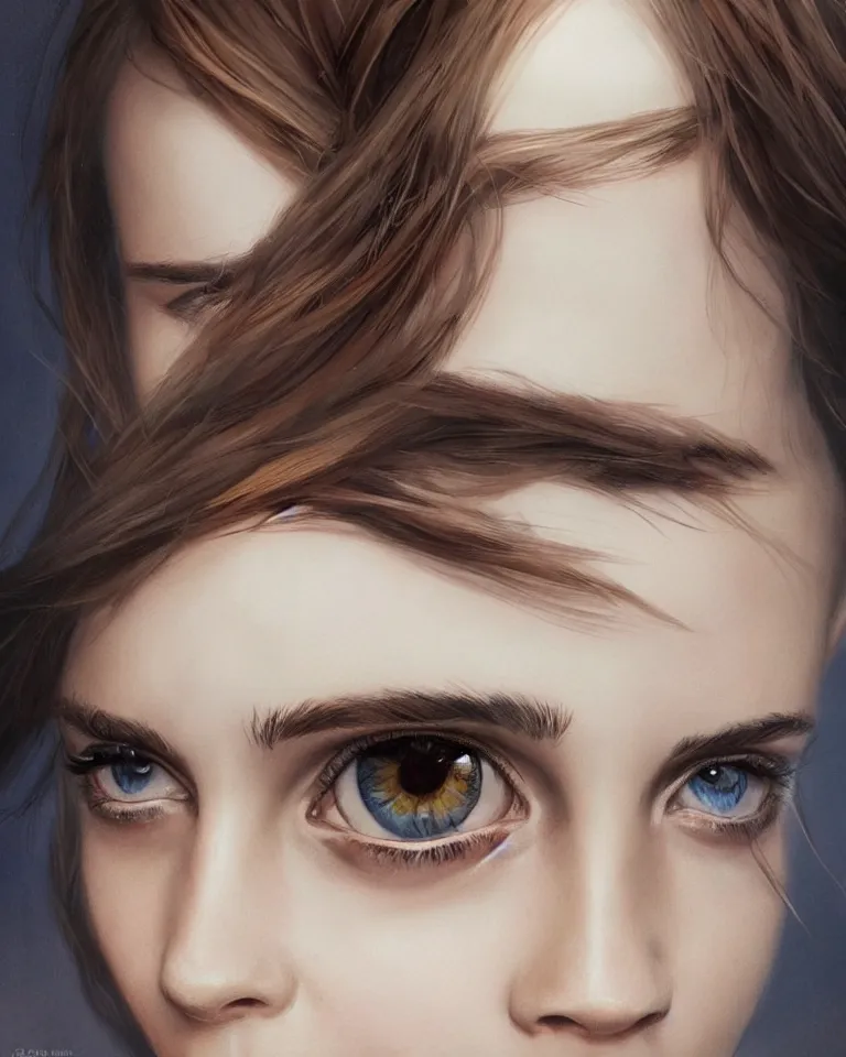 Prompt: emma watson with big eyes, beautiful eyes, blue eyes, green eyes, lovely eyes, red eyes, glowing eyes, by artgerm and greg rutkowski