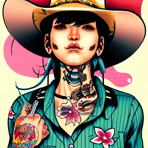 Image similar to full view of cowgirl with tattoos, wearing a cowboy hat, style of yoshii chie and hikari shimoda and martine johanna and will eisner, highly detailed