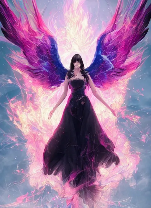 Prompt: a photo a black haired woman with pink and blue flaming phoenix wings, swarm of transparent glass shards, d & d, fantasy, face enhance, cinematic lighting, highly detailed, artstation, concept art, smooth, sharp focus, illustration, warm light, cozy warm tint, magic the gathering artwork, volumetric lighting, art by akihiko yoshida, greg rutkowski