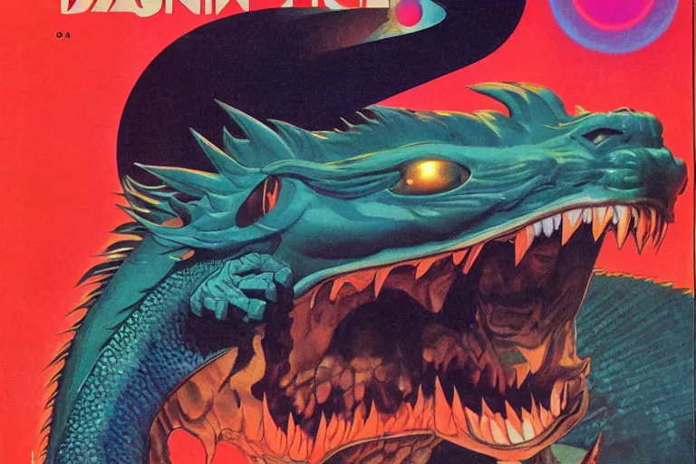 Image similar to 1979 OMNI Magazine Cover of a dragon smiling at the camera in neo-tokyo style by Vincent Di Fate