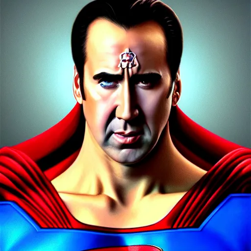 Image similar to upper body portrait of nicolas cage as superman, intricate, elegant, highly detailed, digital painting, artstation, concept art, smooth, sharp focus, illustration, art by artgerm and greg rutkowski and alphonse mucha, award winning, 8 k