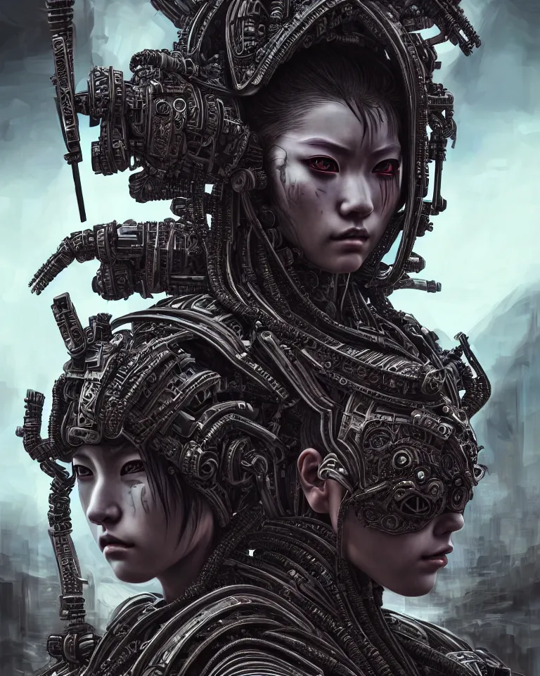 Image similar to ultra realist intricate detailed portrait of a dark samurai cyberpunk girl in an alien landscape, insanity, accurate features, apocalyptic, very intricate details, 8 k resolution, dim lighting, volumetric lighting, artstyle, dennis wojtkiewicz and evelyn de morgan, award winning